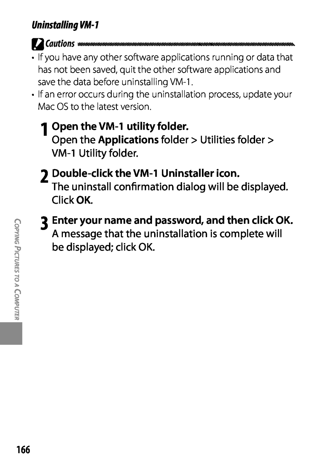 Ricoh 170543, GXR, 170553 manual 1 Open the VM-1 utility folder, Double-click the VM-1 Uninstaller icon 